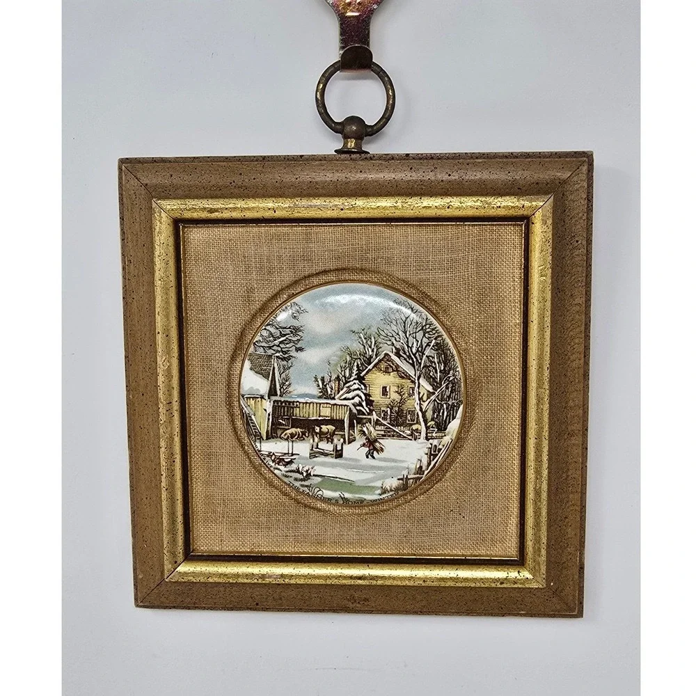 Vtg Sungott Studios porcelain tile w/24k gold trim hand enameled wall plaque